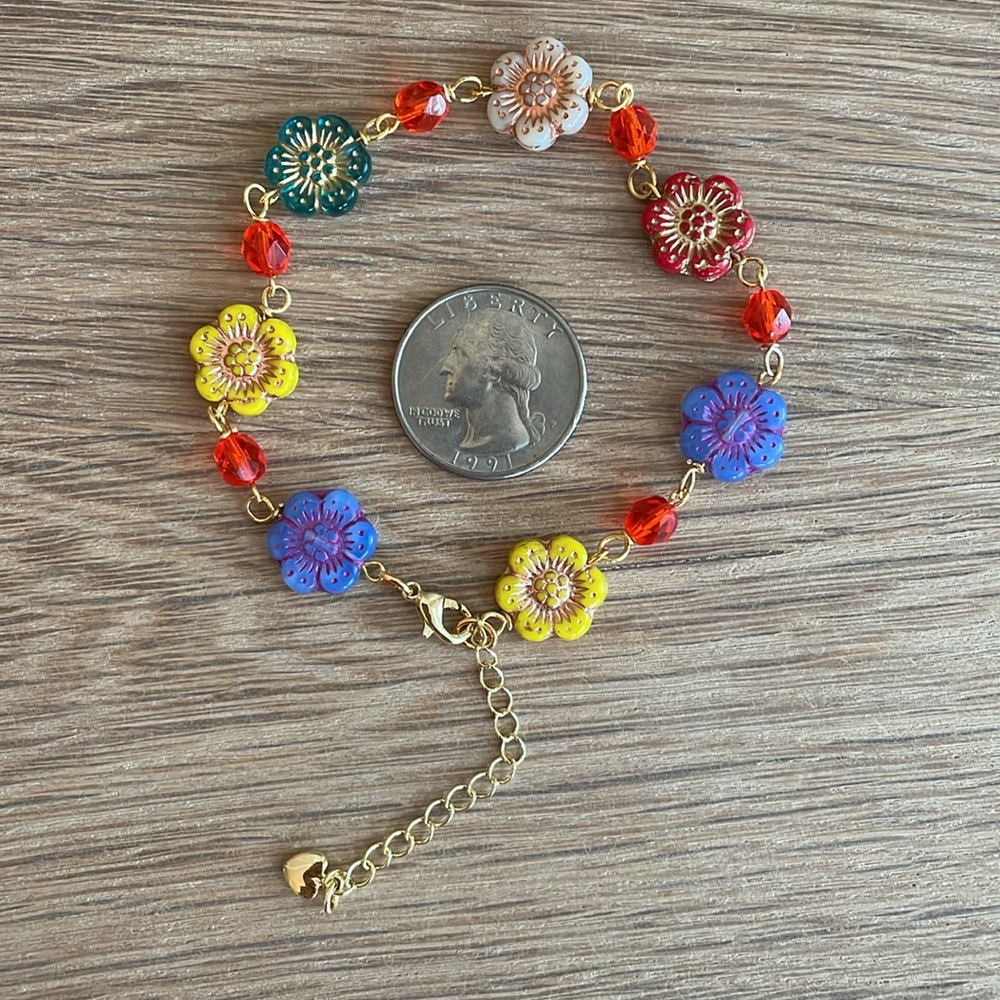 HAND CRAFTED FLORAL FANTASY BRACELET Rainbow Czech Glass Flowers & Beads Boho - Picture 10 of 14